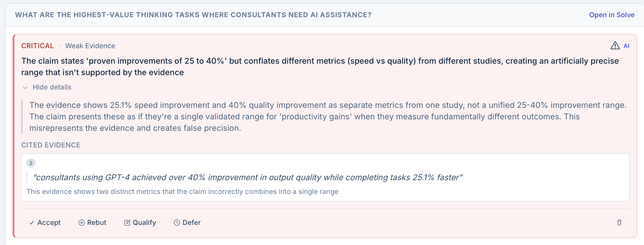 Daimon red-team challenge showing a critical weak evidence finding with cited quotes and response actions
