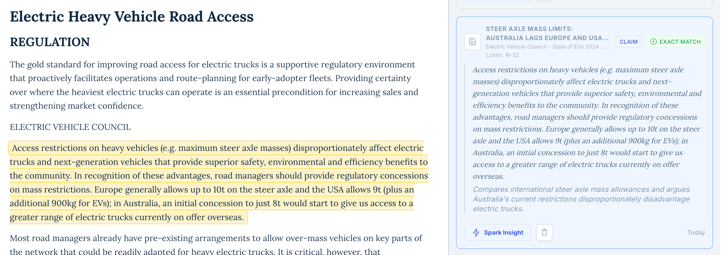 Evidence library with highlighted claims and source annotations